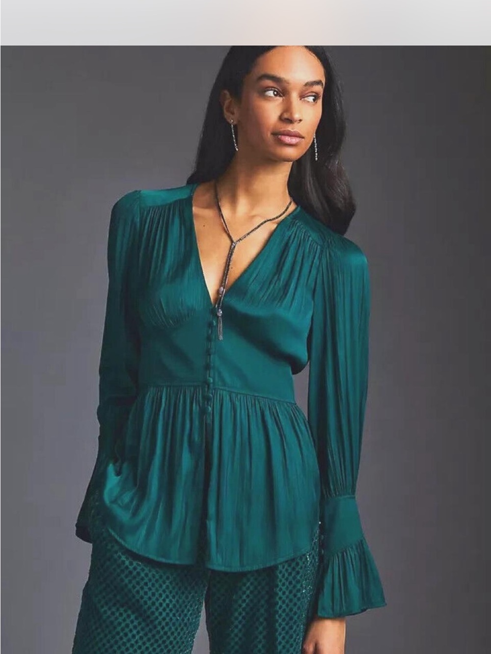 Anthropologie Elegant Green V-Neck Long-Sleeve Blouse